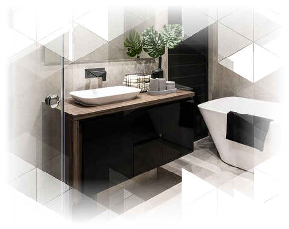 serv2 Bathroom with timber benchtop, black vanity, vessel basin and freestanding bath