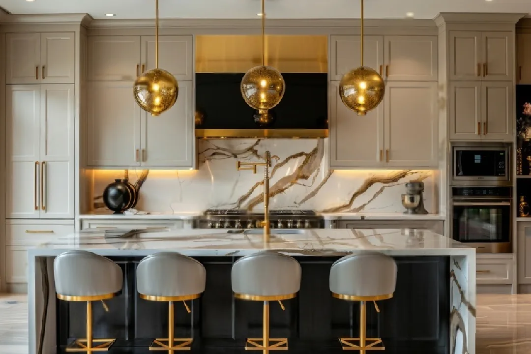 Luxury Home Renovations Perth Kitchen with marble splashback, gold pendant lights and island bar stools