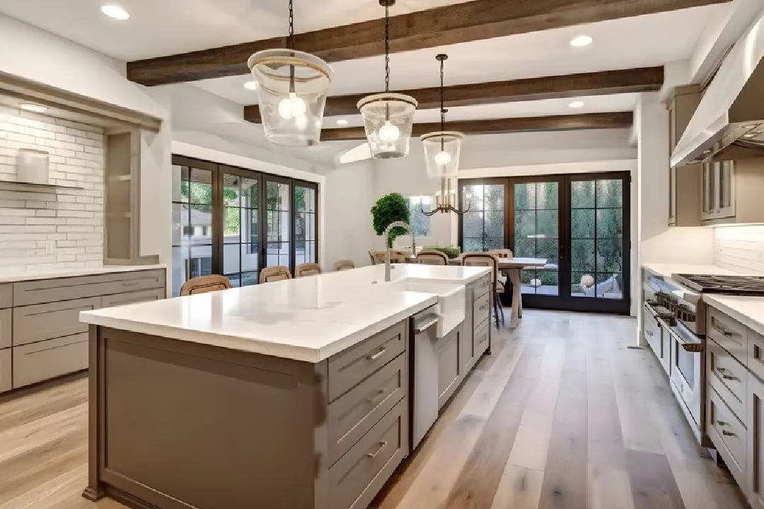 Luxury Home Renovations Perth Kitchen with large island bench, glass pendant lights and timber floors