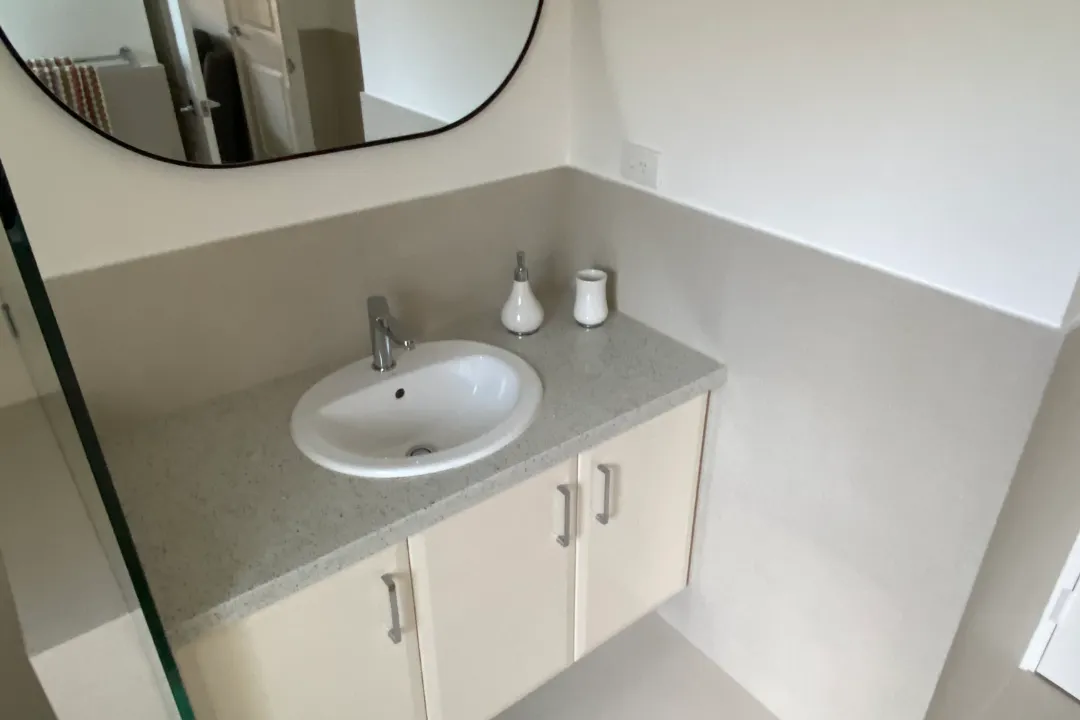 Small Bathroom Renovations Inset basin on a grey stone vanity top with white cupboards