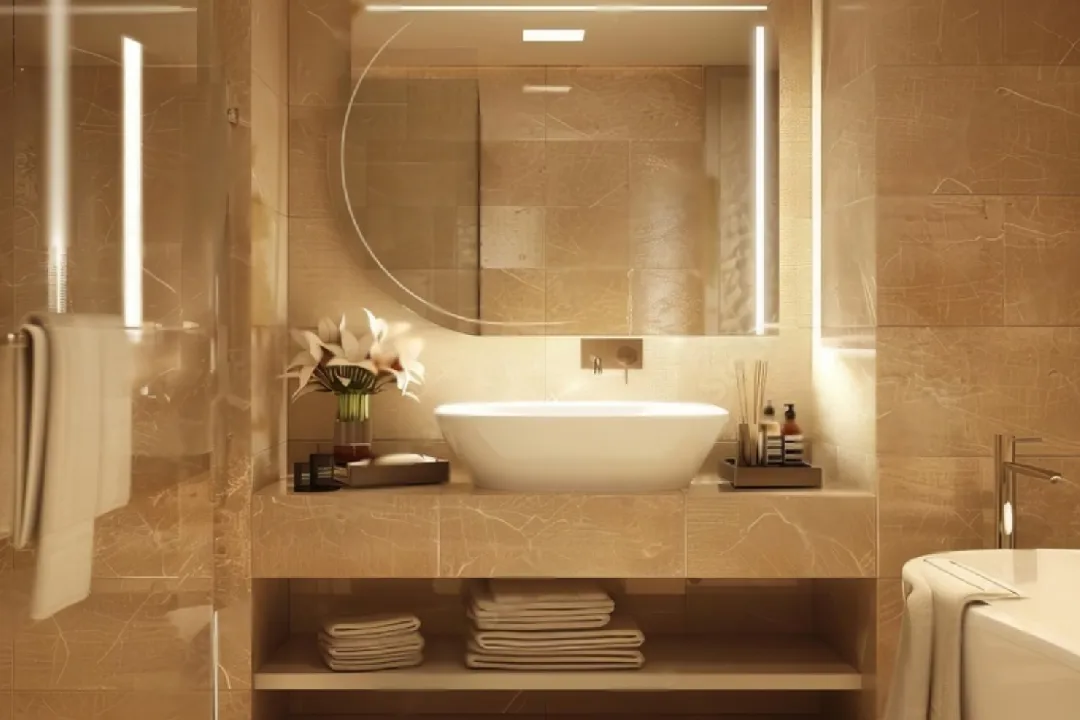 Small Bathroom Renovations Warm marble-look bathroom with vessel basin, round mirror and towels on an open shelf