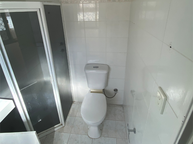 Toilet and shower before renovation: old white wall tiles and framed shower