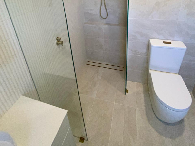 Walk-in shower with glass panel beside a white toilet and pale floor tiles