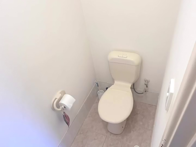 Toilet before renovation: cream toilet and painted walls